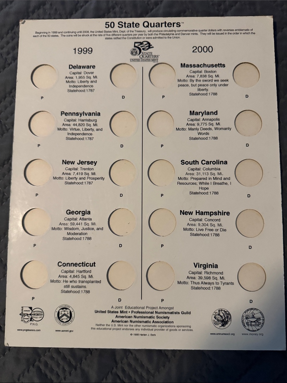 1999-2000 US Mint/PNG issued State Quarter Display Page/Board Coin Collector